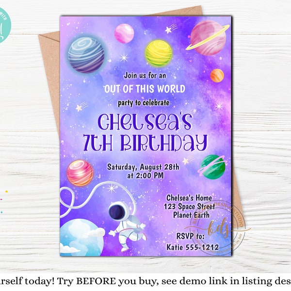 Girl Space Birthday Party Invitation, Invite, Digital, Printable, Editable