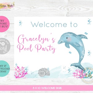Editable Dolphin Pool Party Welcome 8 x 10 Party Sign, Digital, Printable