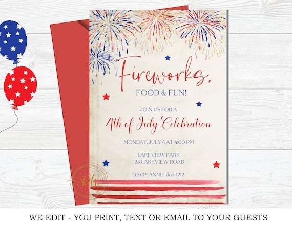 July 4th Party Invitation, BBQ, Picnic, Invite, Digital, Printable, Il_570xn