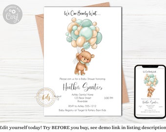 Editable Baby Bear Shower Invitation, invite, Digital, Printable, paperless post