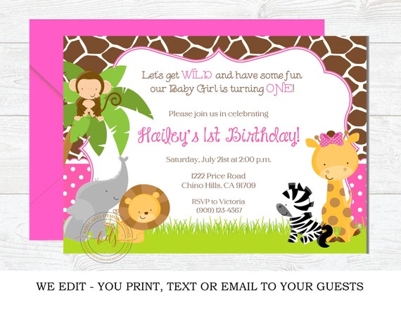Wild One Safari Jungle Animals 1st birthday invitation, invite, digital, printable Il_570xn
