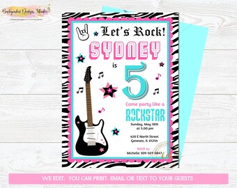 Rockstar Birthday Party Invitation, Invite, Guitar, digital, Printable