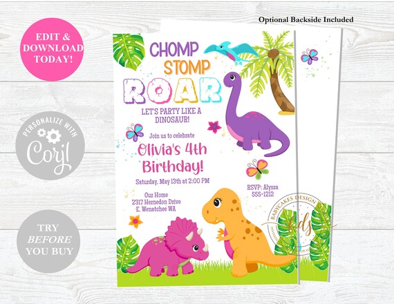 Girl Dinosaur Birthday Invitation, invite, Digital, Printable, editable Il_570xn