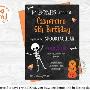 Invitación a fiesta de cumpleaños de Halloween para niños, editable, invitación, esqueleto, digital, imprimible