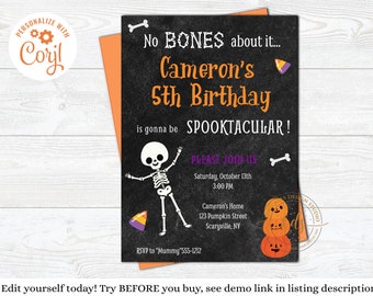 Convite para festa de aniversário infantil de Halloween, editável, convite, esqueleto, digital, para impressão