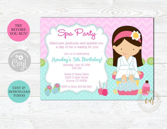 Editable Spa Party Invitation, Spa Birthday Party Invite, Printable, Digital Il_570xn