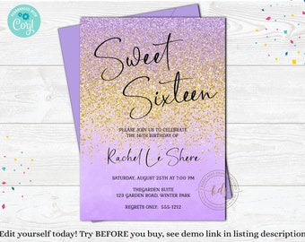 Editable Sweet Sixteen Birthday Invitation Purple Gold, Sweet 16 Invite, digital, printable, download