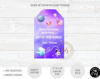 Editable Girl Space Birthday Party Favor Tag, Digital, Printable