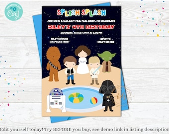 May include: A Star Wars-themed birthday party invitation with the text "Splish Splash" and "Riley's 4th Birthday." The invitation features cartoon illustrations of Star Wars characters, a pool, and a starry background. The invitation is on a blue background.