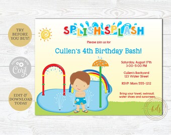 May include: A colorful invitation for a 4th birthday party with a cartoon illustration of a boy playing in a sprinkler. The invitation says "Splish Splash Cullen's 4th Birthday Bash!" and includes details about the party, including the date, time, location, and RSVP information.