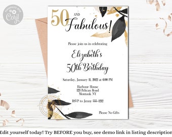 Editable 50th Birthday Party Invitation: Elegant Floral (Digital Download)