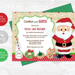 May include: A red and white Christmas invitation with a cartoon Santa Claus, a milk bottle, and cookies. The invitation reads "Cookies with Santa" and includes the text "Please join Henry and Adelaide for cookie decorating fun!"