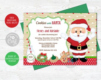 Editable Cookies with Santa Party Invitation, Cookie Decorating Party,  Kids Holiday Party Invite, Digital, Printable