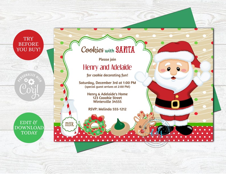 May include: A red and white Christmas invitation with a cartoon Santa Claus, a milk bottle, and cookies. The invitation reads "Cookies with Santa" and includes the text "Please join Henry and Adelaide for cookie decorating fun!"