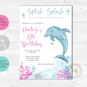 Editable Dolphin Birthday Invitation, Pool Party, Invite, Digital, Printable, Instant Download, paperless post