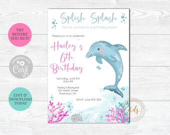 Editable Dolphin Birthday Invitation, Pool Party, Invite, Digital, Printable, Instant Download, paperless post