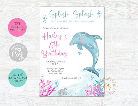 Editable Dolphin Birthday Invitation, Pool Party, Invite, Digital, Printable, Instant Download Il_570xn