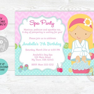 Editable Spa Party Invitation, Spa Birthday, Invite, Printable, Digital, CHOOSE YOUR GIRL image 1