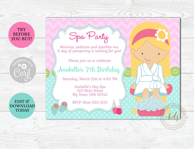 Editable Spa Party Invitation, Spa Birthday, Invite, Printable, Digital, CHOOSE YOUR GIRL image 1