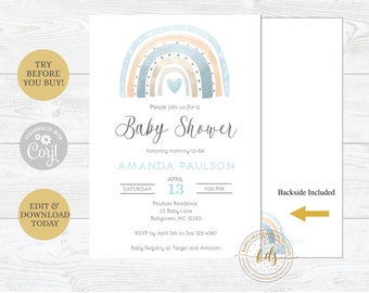 Editable Boho Rainbow Baby Shower Invitation, invite, Baby Sprinkle, Digital, printable, FREE Diaper Raffle Ticket