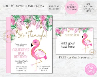 EDITABLE Flamingo Birthday Party Invitation, Invite, Printable, Digital Invitation