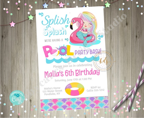 Mermaid Pool Party Invitation, Invite, Editable Invitation Il_570xn