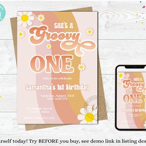 Groovy One Birthday Invitation, Invite, digital, printable, Editable