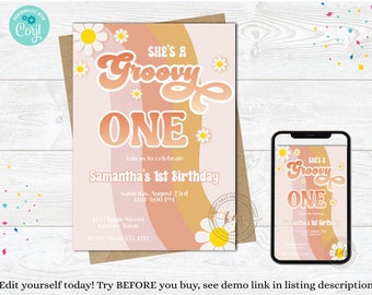 Groovy One Birthday Invitation, Invite, digital, printable, Editable