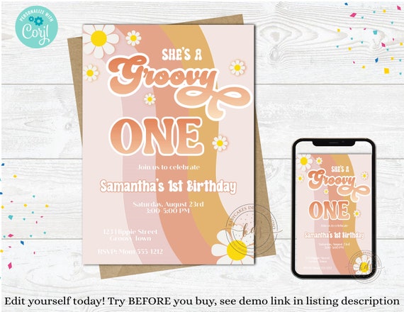 Groovy One Birthday Invitation, Invite, digital, printable, Editable Il_570xn