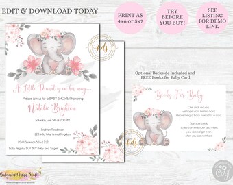 Girl Elephant Baby Shower Invitation: Editable Floral Design (Digital Download)