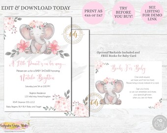 Editable Girl Elephant Baby Shower Invitation, Invite, Printable, Digital, Instant download FREE Book Card Included