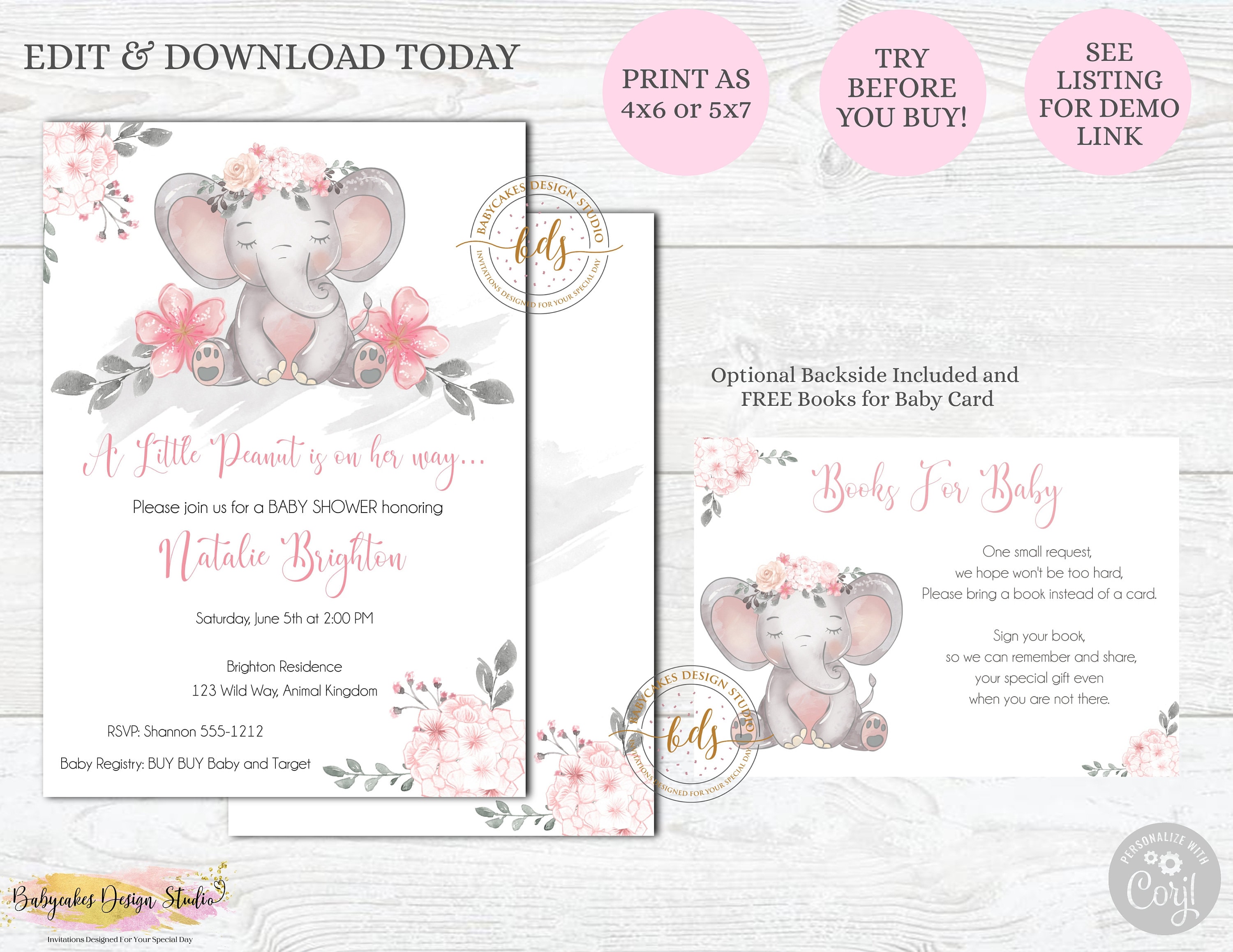 Editable Girl Elephant Baby Shower Invitation Invite Printable Digital Instant download FREE Book Card Included