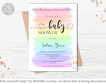 Editable Rainbow Baby Shower Invitation, Invite, Baby Sprinkle, Gender Reveal, digital, printable,