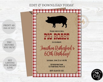 Invitación a fiesta de cumpleaños de barbacoa asada de cerdo, invitación, imprimible, digital, editable
