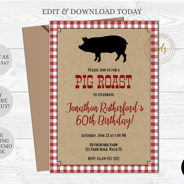 Pig Roast BBQ Birthday Party Invitation, Invite, Printable, Digital, Editable