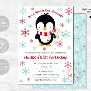 May include: A printable invitation for a winter-themed first birthday party. The invitation features a cartoon penguin wearing a red and white scarf against a white background with red and blue snowflakes. The text reads "It's a Winter One-derland!" and "Hudson's 1st Birthday!"