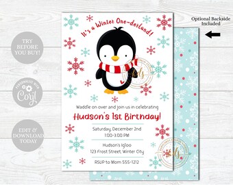 May include: A printable invitation for a winter-themed first birthday party. The invitation features a cartoon penguin wearing a red and white scarf against a white background with red and blue snowflakes. The text reads "It's a Winter One-derland!" and "Hudson's 1st Birthday!"