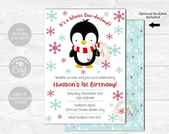 Penguin Winter Onederland Invitation, 1st Birthday Invitation, Invite, Digital, Printable, Editable