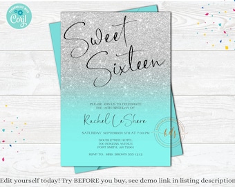 Sweet Sixteen Birthday Invitation, 15th Birthday Invite, digital, printable, Editable