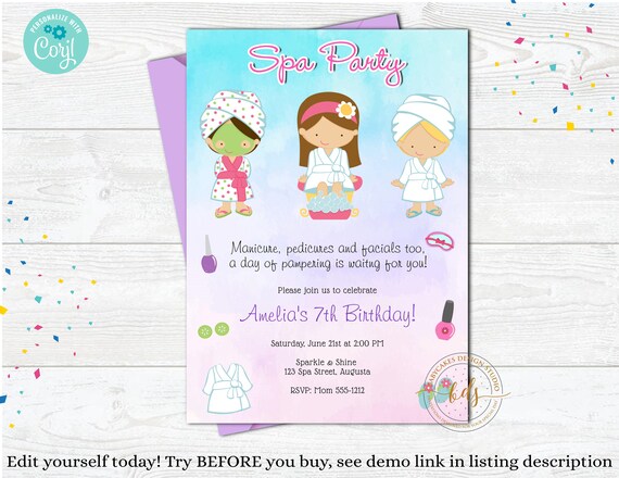 Editable Spa Party Birthday Invitation, Invite, digital, printable Il_570xn
