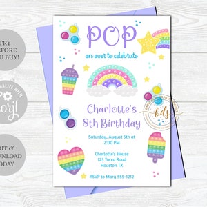 Editable POP It Birthday Party Invitation, Invite, Girl, Digital, Printable, paperless post