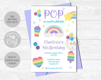 Bewerkbare POP It verjaardagsuitnodiging voor feest, uitnodigen, meisje, digitaal, afdrukbaar, papierloze post