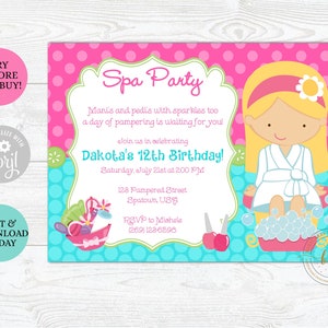 Editable Spa Birthday Party Invitation, Invite, Spa Day, digital, printable, CHOOSE YOUR GIRL