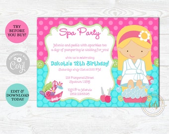 Bewerkbare Spa verjaardagsuitnodiging voor feest, uitnodigen, Spa Day, digitaal, afdrukbaar, KIES UW MEISJE