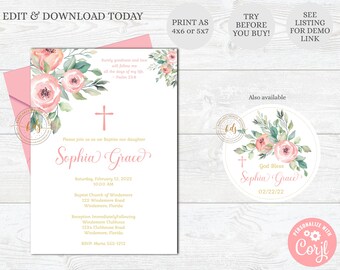 Editable Girl Baptism Invitation, invite, Communion, Christening, Digital, Printable, Instant Download