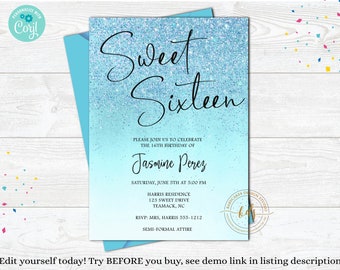 Editable Sweet Sixteen Birthday Invitation, Invite, digital, printable