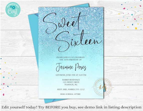 Editable Sweet Sixteen Birthday Invitation, Invite, digital, printable Il_570xn
