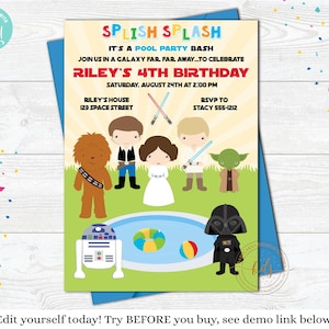 May include: A rectangular birthday party invitation featuring cartoon characters, a swimming pool, and text that reads: SPLISH SPLASH IT'S A POOL PARTY BASH JOIN US IN A GALAXY FAR, FAR, AWAY...TO CELEBRATE RILEY'S 4TH BIRTHDAY SATURDAY, AUGUST 24TH AT 2:00 PM.