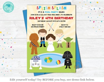 May include: A rectangular birthday party invitation featuring cartoon characters, a swimming pool, and text that reads: SPLISH SPLASH IT'S A POOL PARTY BASH JOIN US IN A GALAXY FAR, FAR, AWAY...TO CELEBRATE RILEY'S 4TH BIRTHDAY SATURDAY, AUGUST 24TH AT 2:00 PM.