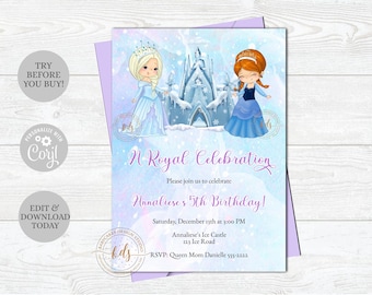 Invitation d’anniversaire modifiable Ice Princess Frozen, invitation, numérique, imprimable
